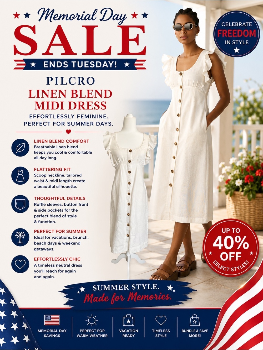 Pilcro White Linen Blend Midi Dress Ruffle Sleeve Button Front Petite 0P